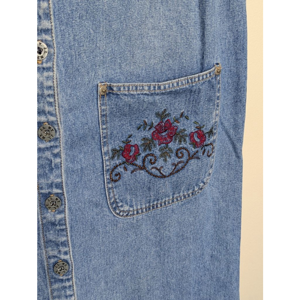 J..L. N.Y. Women's M Sport Blue Denim Maxi Dress Floral Embroidery Conservative - Picture 5 of 10
